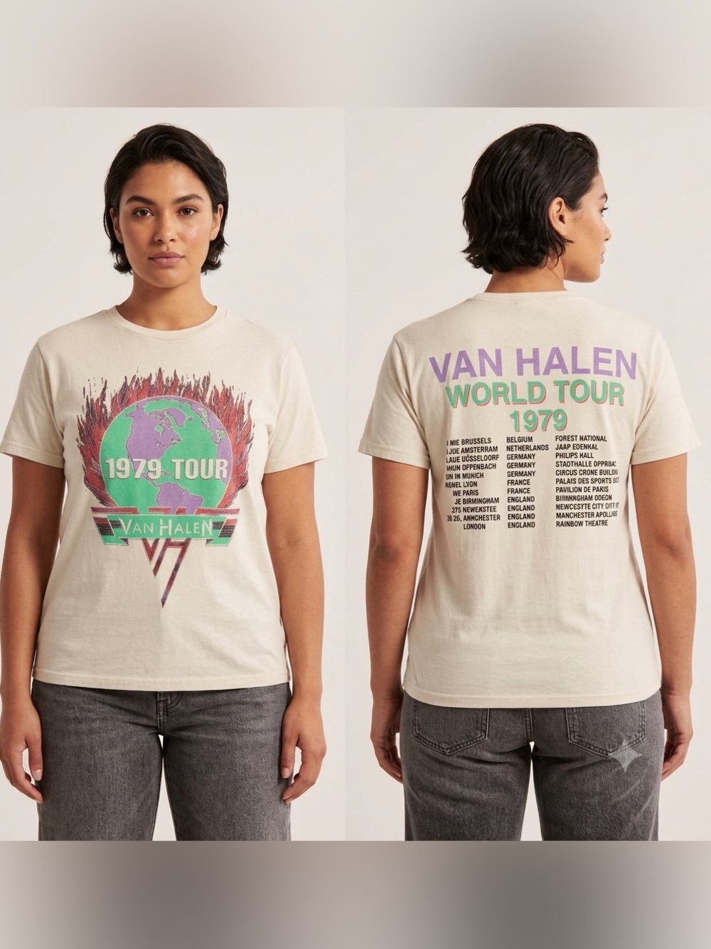 Van Halen 1979 Tour Graphic Tee - Cream with Green & Purple size Small